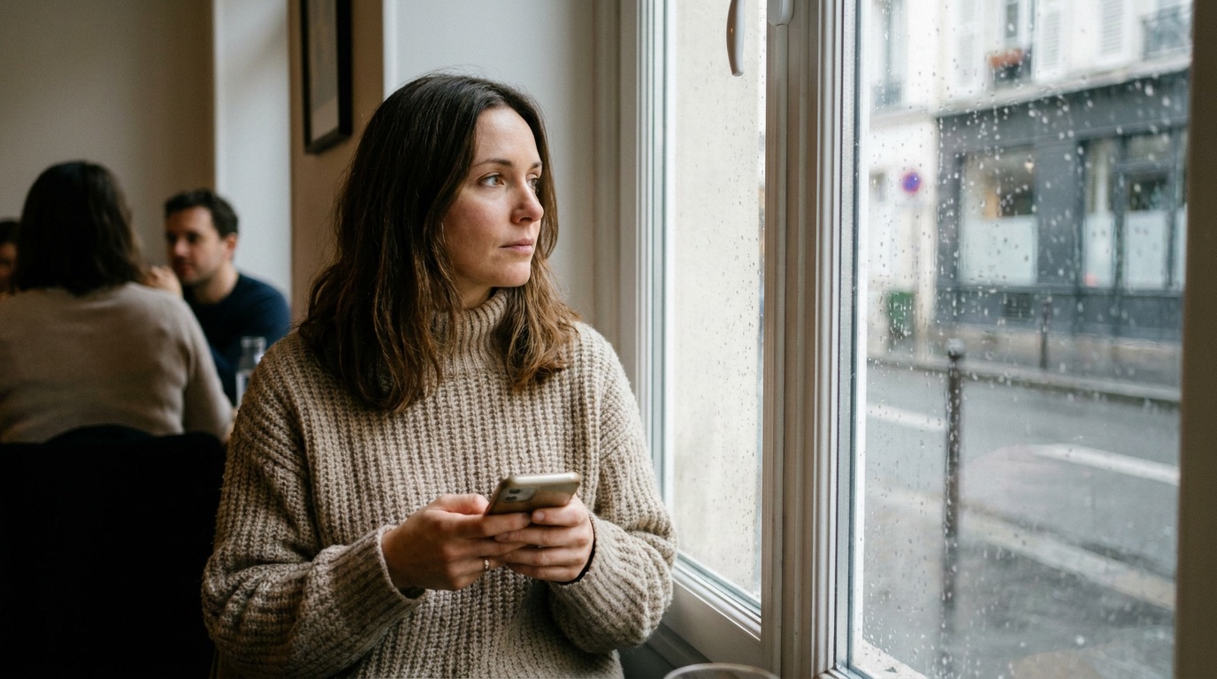 Une jeune femme pensive regarde son téléphone près d'une fenêtre