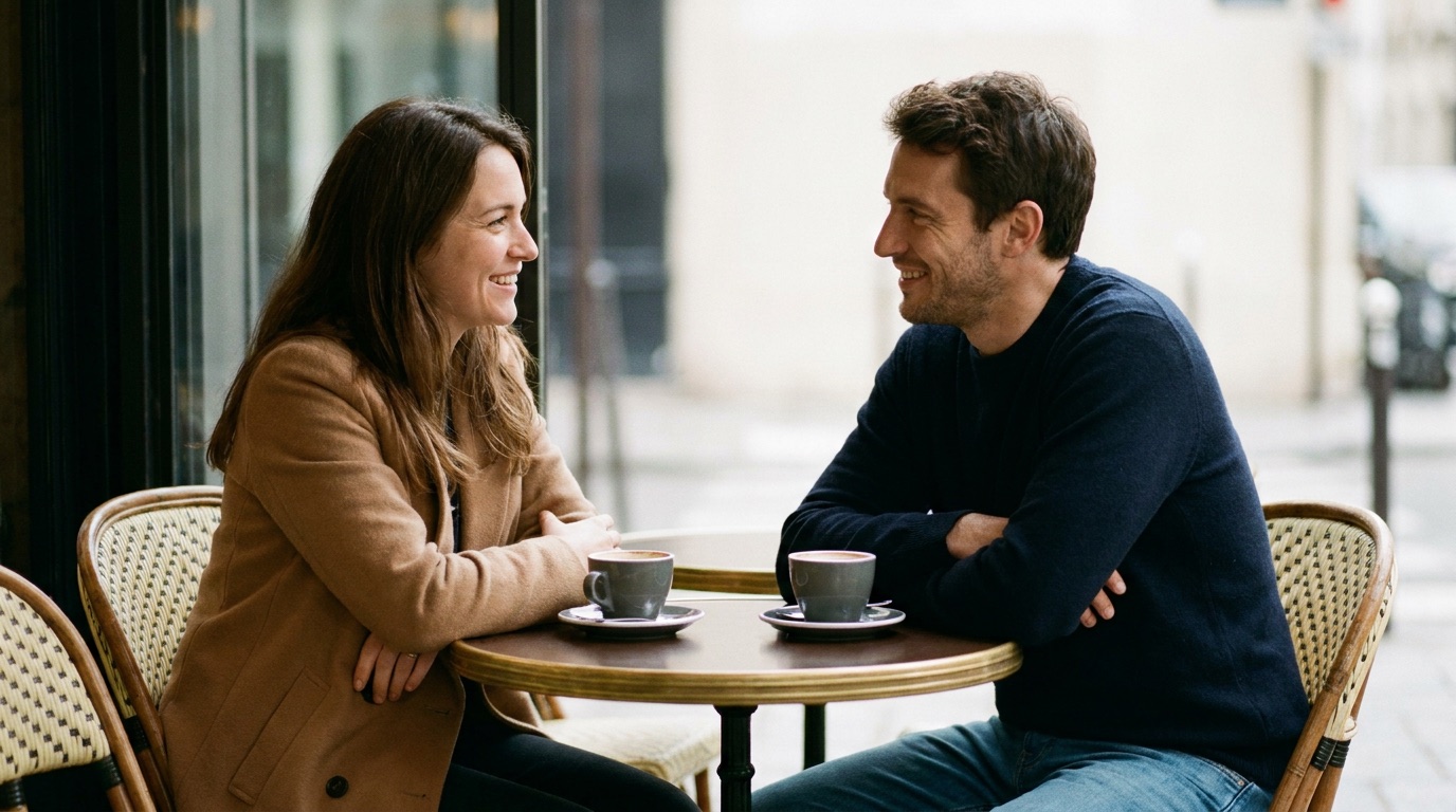 Un couple lors d'un premier rendez-vous dans un café