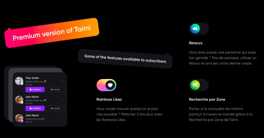 Fonctionnalités Premium de la plateforme Taimi