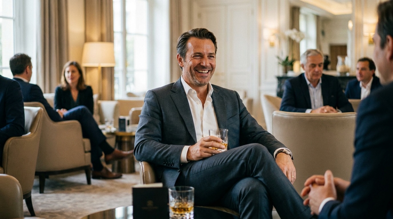 Un homme élégant en costume dans le lounge d'un hôtel haut de gamme