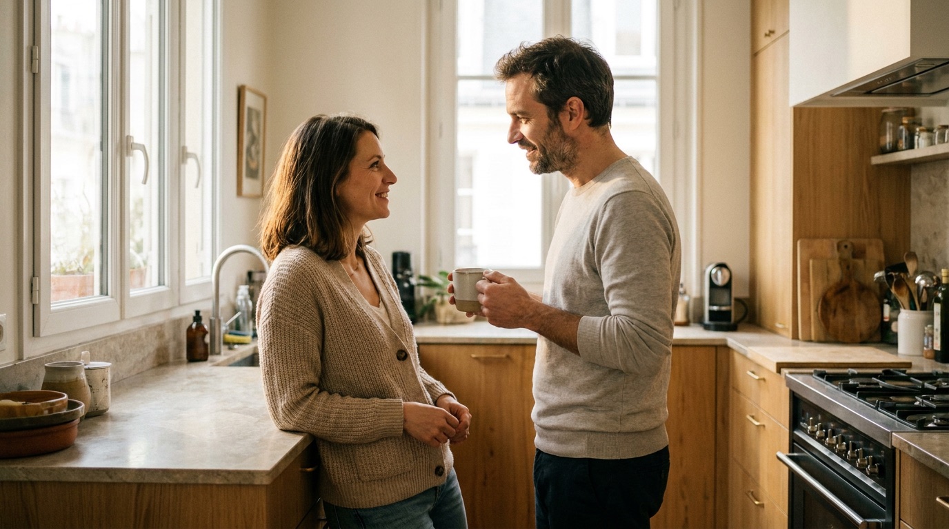 Un couple partage un moment de tendresse le matin à la maison