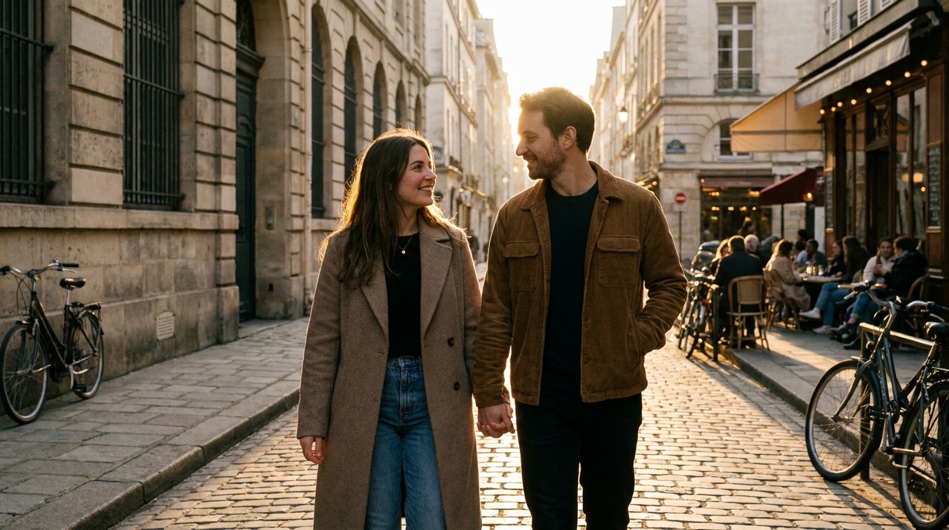 Un couple amoureux se tient la main en marchant dans la rue