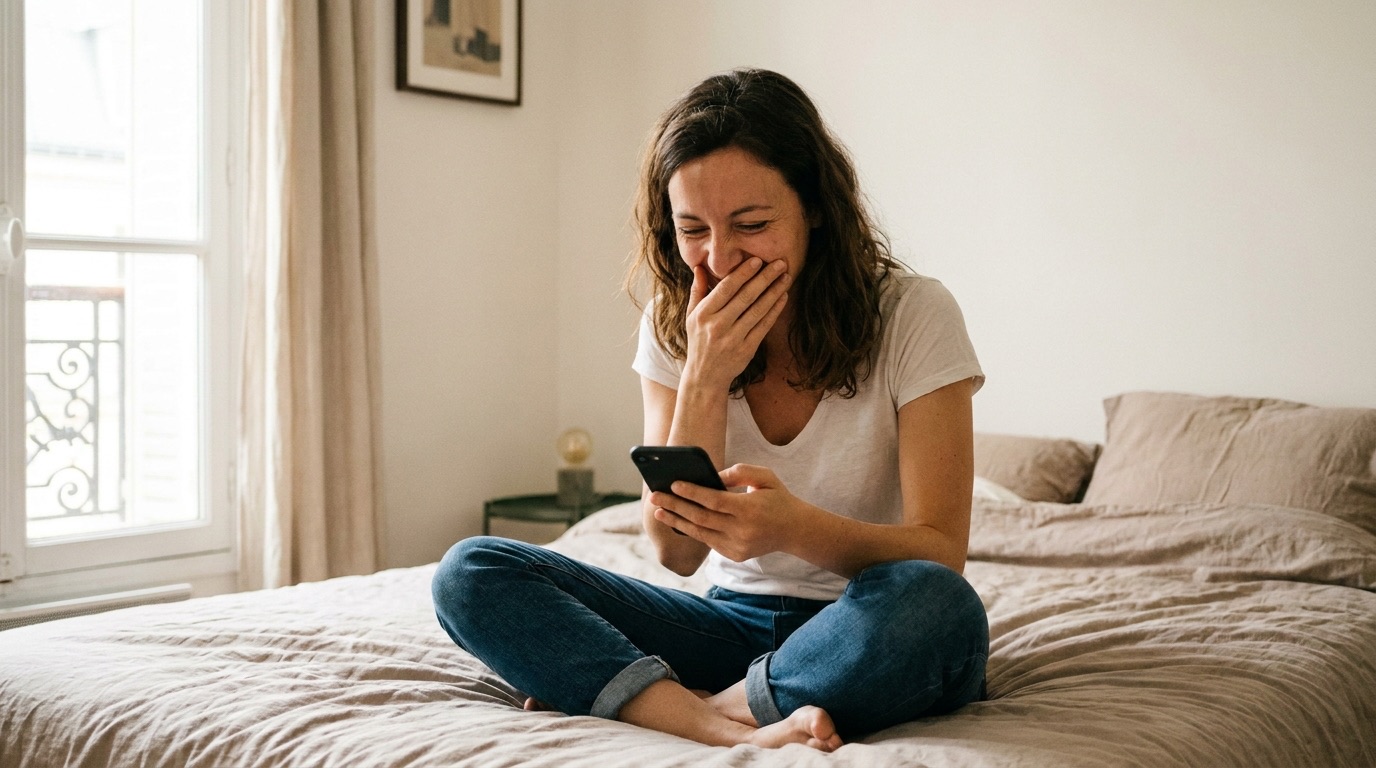 Une jeune femme éclate de rire en lisant un SMS sur son téléphone