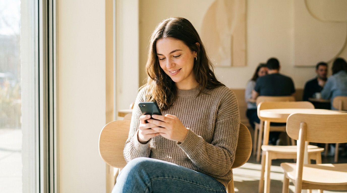 Une jeune femme lit un message d'accroche reçu sur un site de rencontre