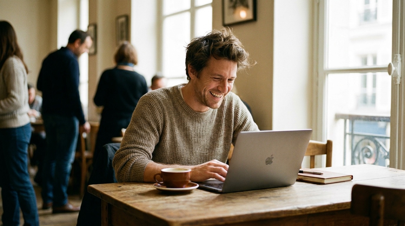 Un homme souriant consulte un site de rencontre sur son ordinateur portable