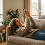 Une jeune femme sourit à son téléphone, visiblement séduite par la conversation
