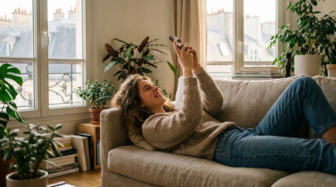Une jeune femme sourit à son téléphone, visiblement séduite par la conversation