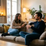 Un couple partage un moment d'intimité dans un salon chaleureux et bien décoré