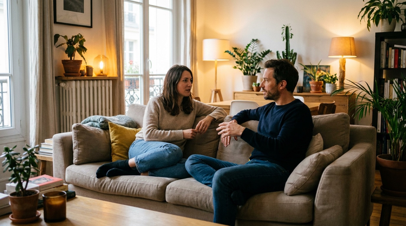 Un couple partage un moment d'intimité dans un salon chaleureux et bien décoré