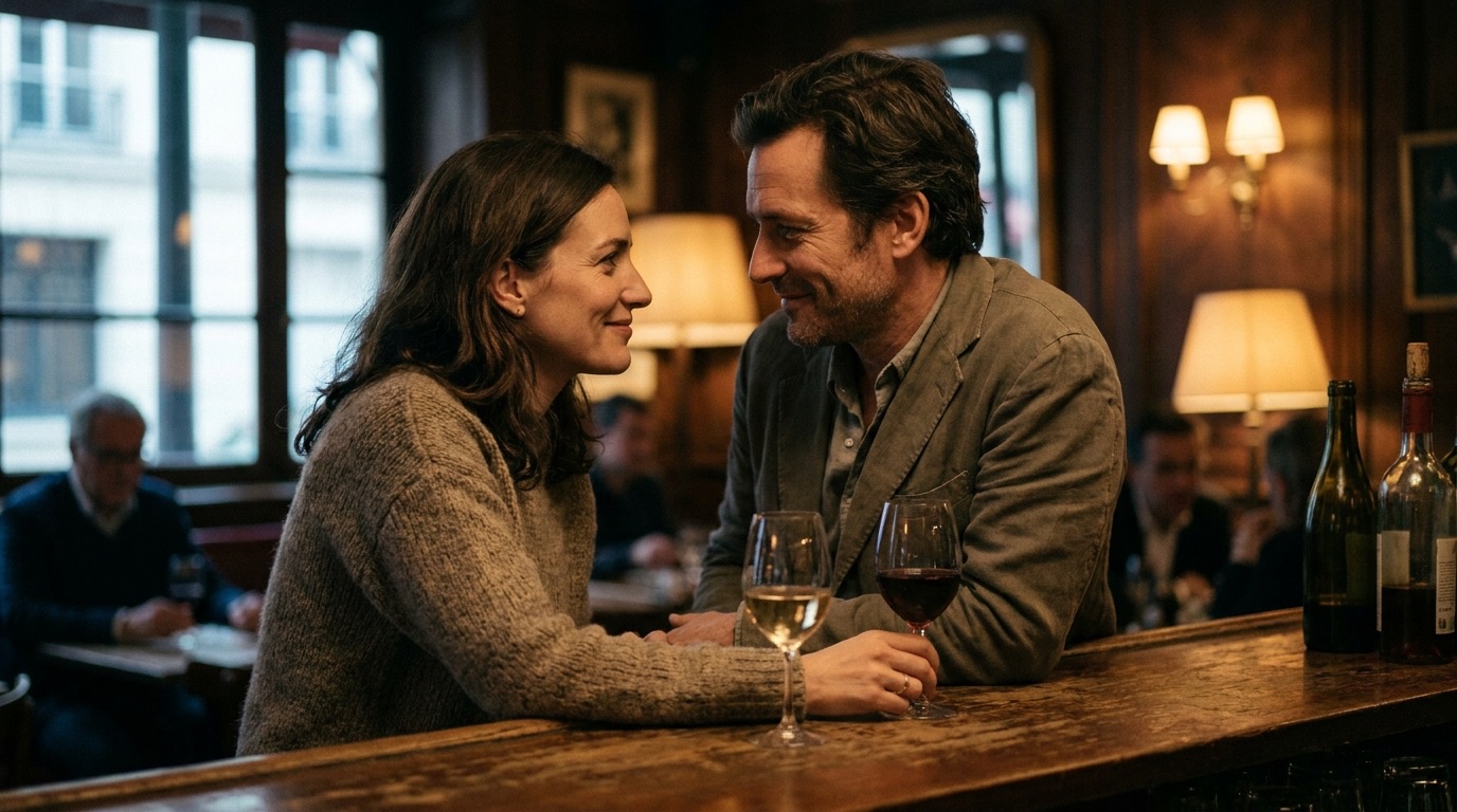 Un couple échange un regard complice et chargé de tension lors d'un verre en soirée