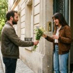 Un homme tend un bouquet de fleurs à une femme pour lui déclarer sa flamme