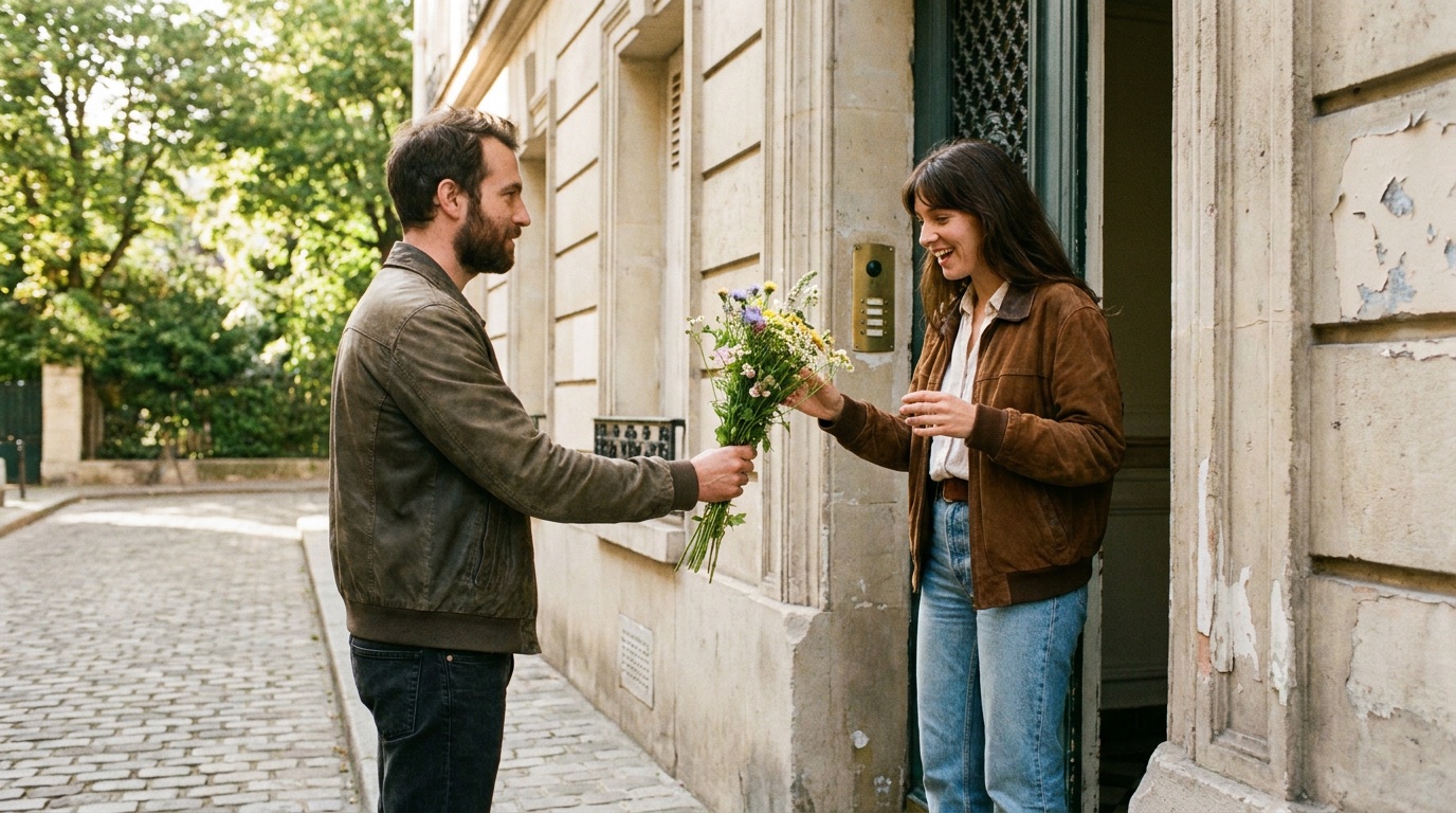 Un homme tend un bouquet de fleurs à une femme pour lui déclarer sa flamme