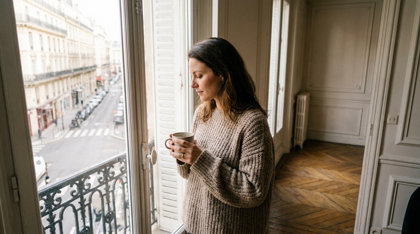 Une femme célibataire seule et sereine dans un appartement parisien