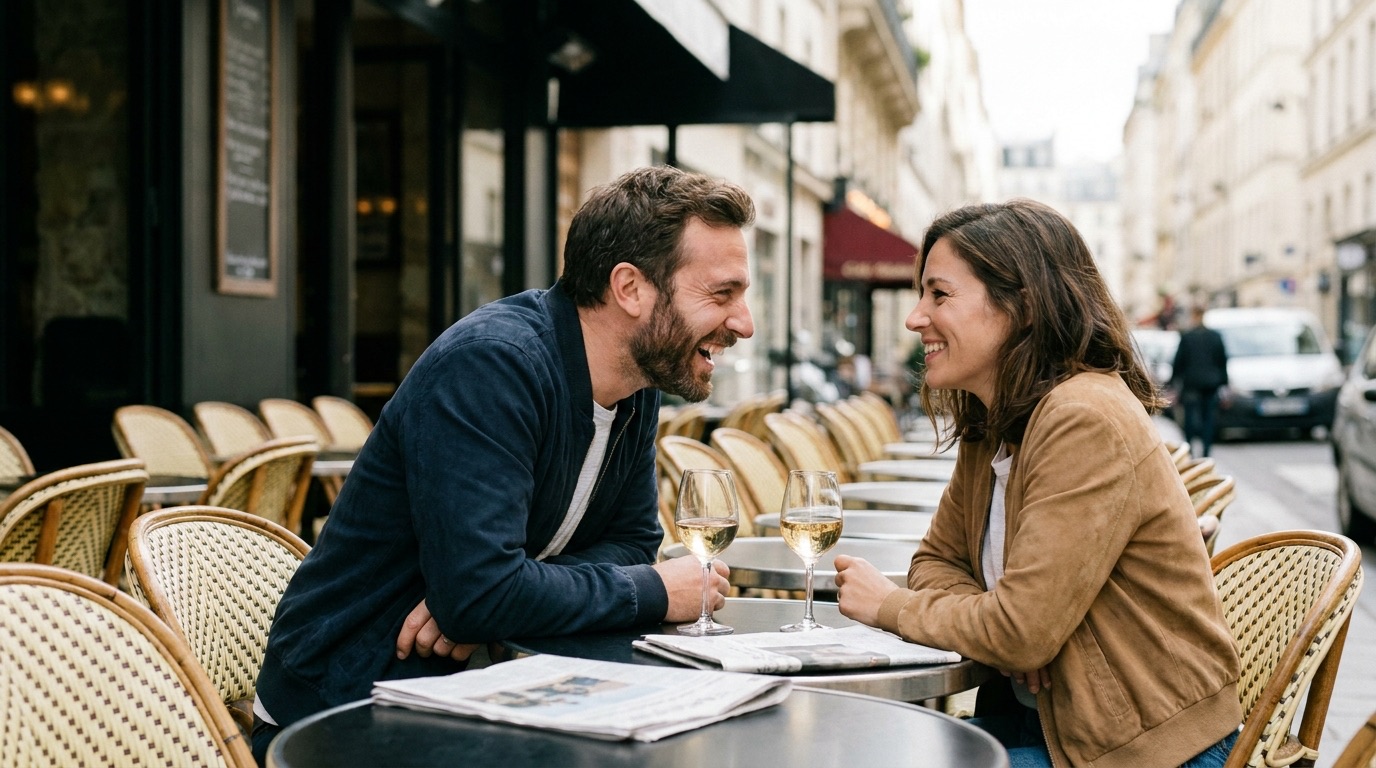 Un couple échange avec complicité lors d'une première rencontre en terrasse